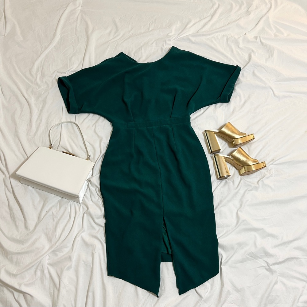 ASOS Green Midi Dress, Open V Back, Batwing Sleeves, Front Slit, US 10/ UK 14
